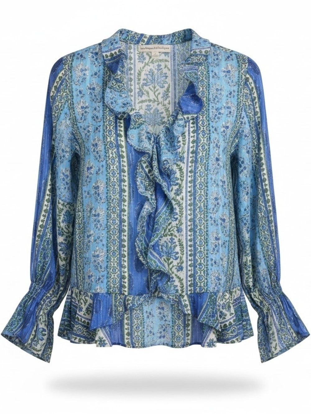 Catherine Malandrino Blue Floral Ruffle-Front Blouse - Small Petite
